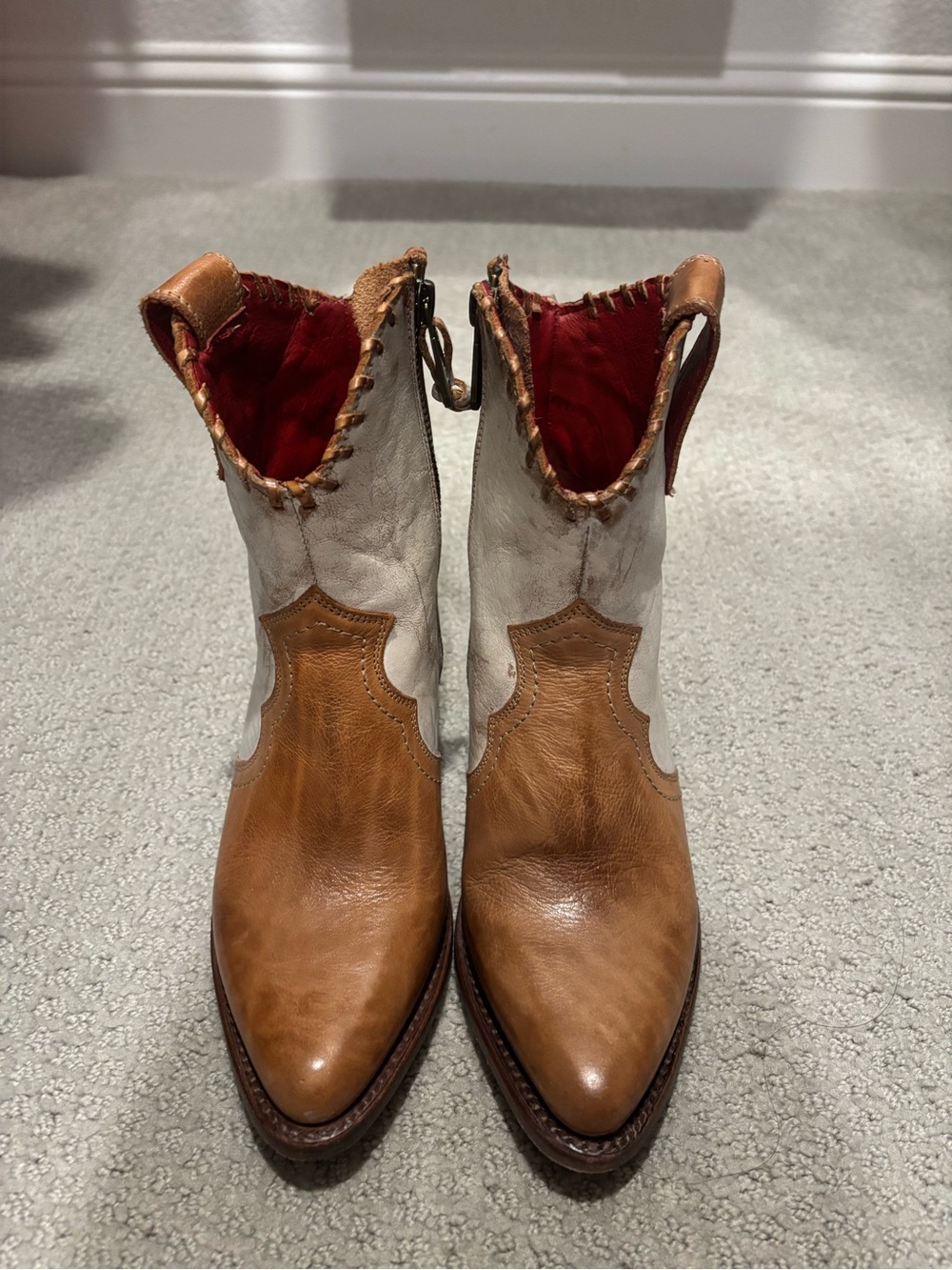 Bed Stu Two-Tone Tan and White Leather Western Ankle Boots